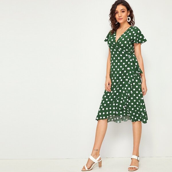 

Polka Dot Ruffle Hem Tie Side Wrap Dress
