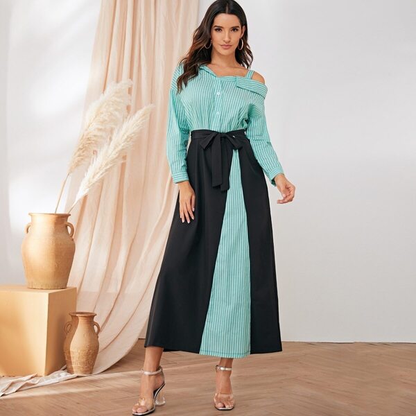

Striped Waist Tie Asymmetric Neck Maxi Dress, Multicolor