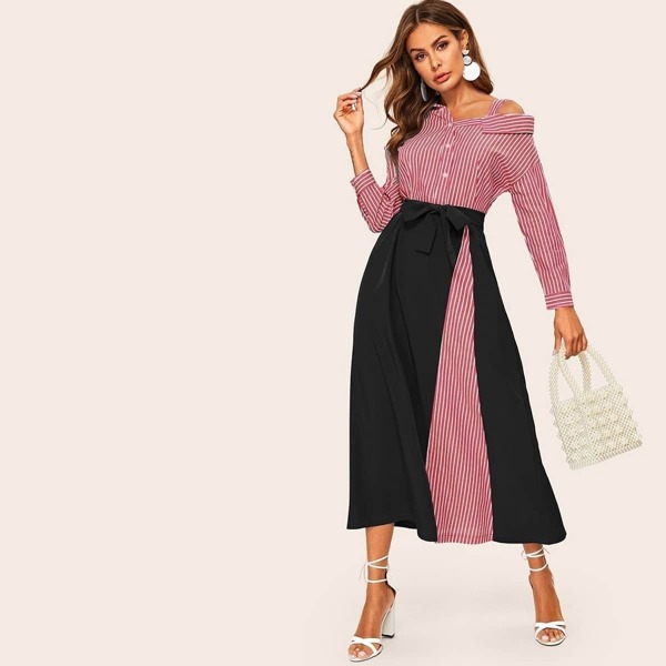 

Striped Waist Tie Asymmetric Neck Maxi Dress