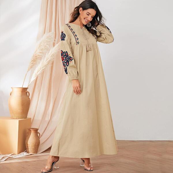 

Embroidered Bishop Sleeve Tie Neck Maxi Smock Dress, Khaki