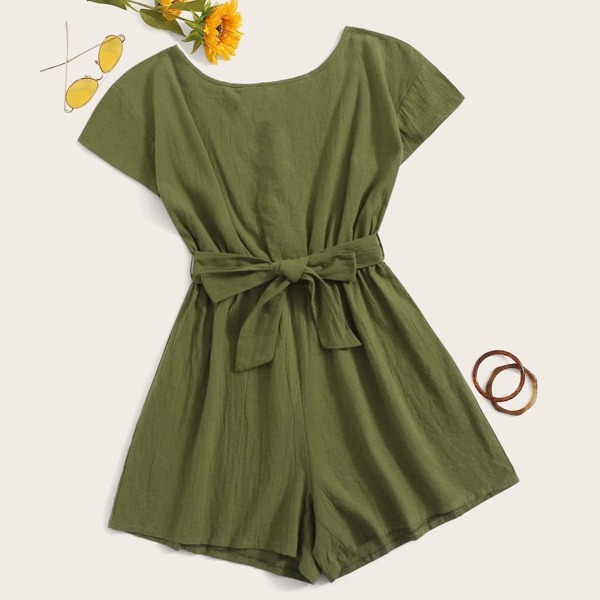 

Solid Zipper Back Belted Romper, Army green