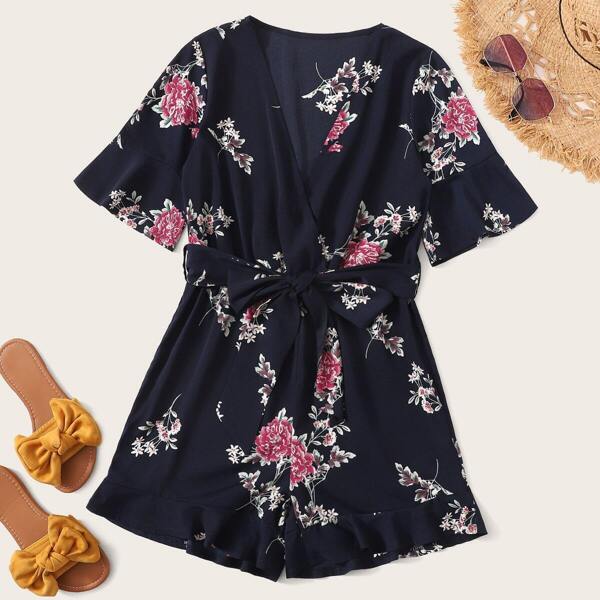 

Floral Print Belted Ruffle Hem Surplice Romper