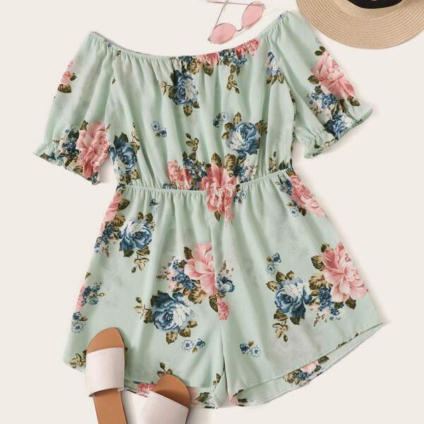 

Plus Floral Print Off the Shoulder Jumpsuit, Multicolor