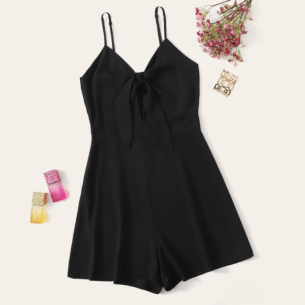 

Solid Tie Front Cami Romper, Black