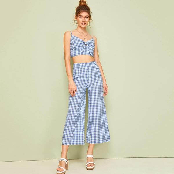 

Gingham Tie Front Shirred Cami Top With Wide Leg Pants