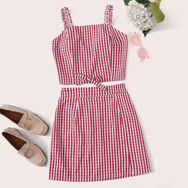 

Gingham Bow Front Shirred Cami Top With Skirt