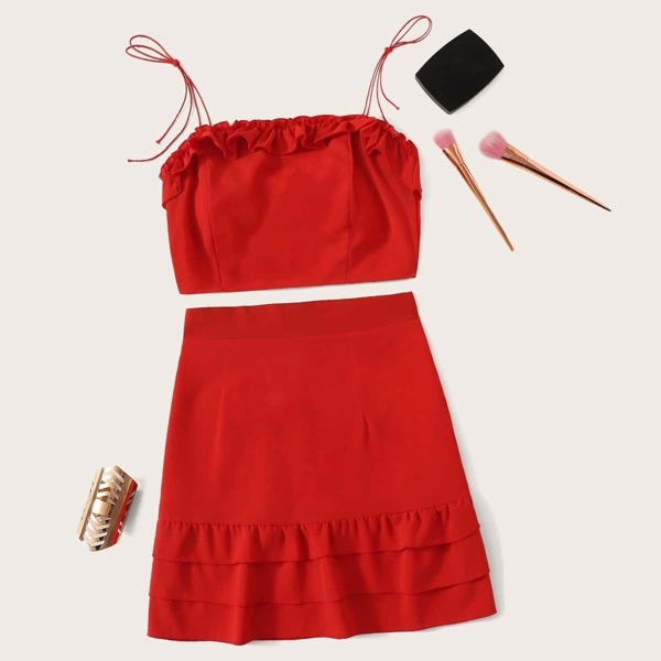 

Frill Trim Cami Top With Layered Hem Skirt, Red