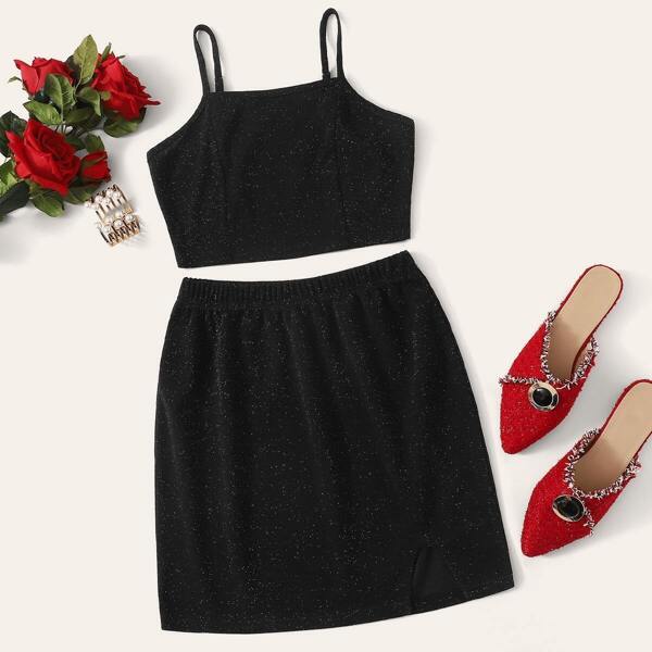 

Sparkly Glitter Crop Cami Top With Pencil Skirt