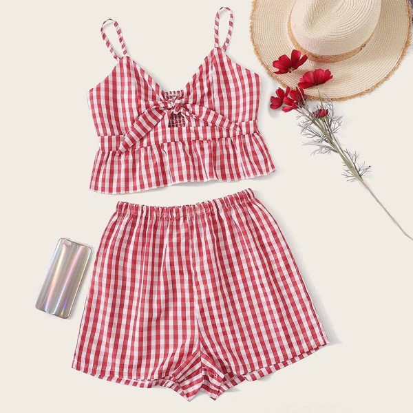 

Gingham Tie Front Shirred Cami Top With Shorts
