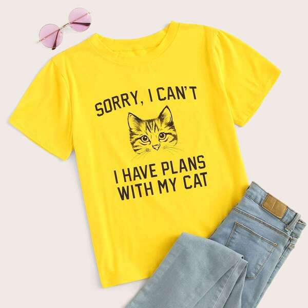 

Slogan And Cat Print Tee
