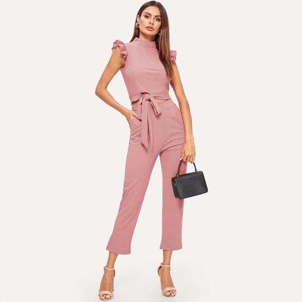 

Contrast Ruffle Cuff Tie Front Top With Pants, Pink