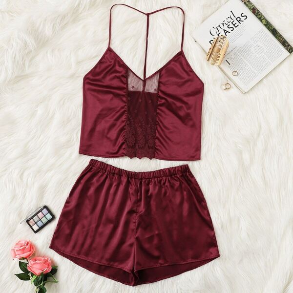 

Plus Contrast Lace Satin Cami Top & Shorts, Burgundy