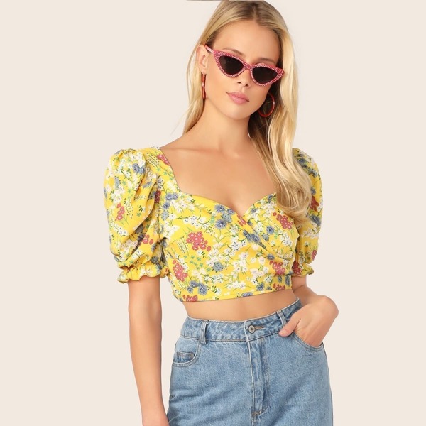 Puff Sleeve Ditsy Floral Crop Blouse, Yellow