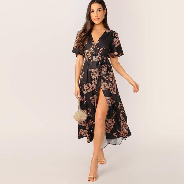 

Scarf Print Flutter Sleeve Self Belted Wrap Dress, Multicolor