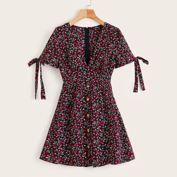 

Cherry Print Knotted Sleeve Button Front Dress