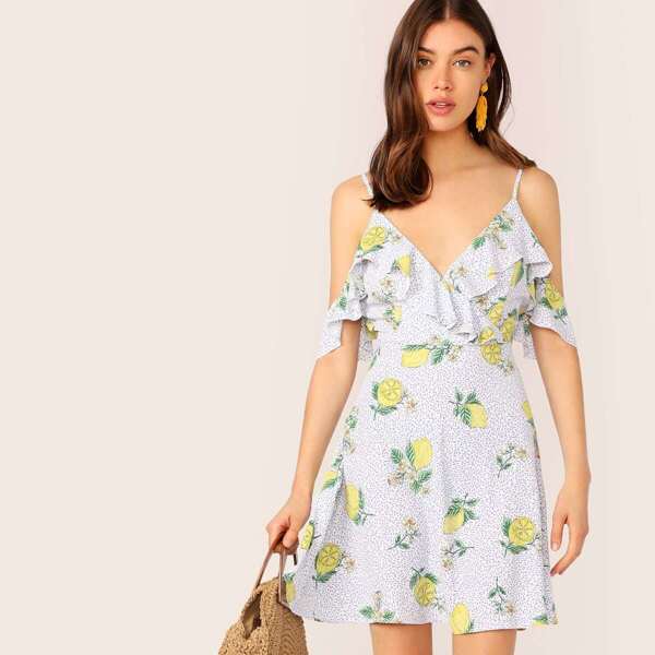 

Ruffle Trim Lemon and Dalmatian Print Wrap Sundress, Multicolor