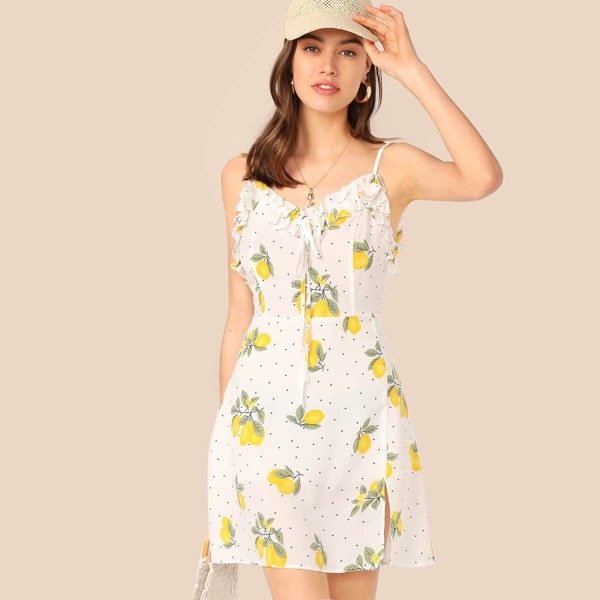 

Lemon & Dot Print Frill Trim Slip Dress, Multicolor