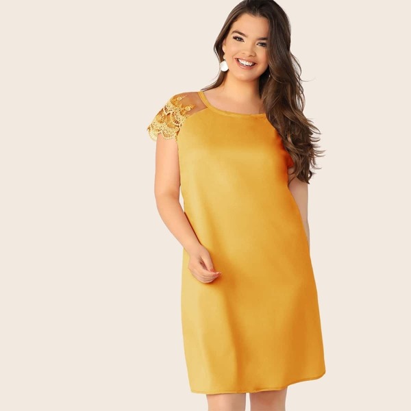 

Plus Keyhole Back Lace Trim Tunic Dress, Yellow