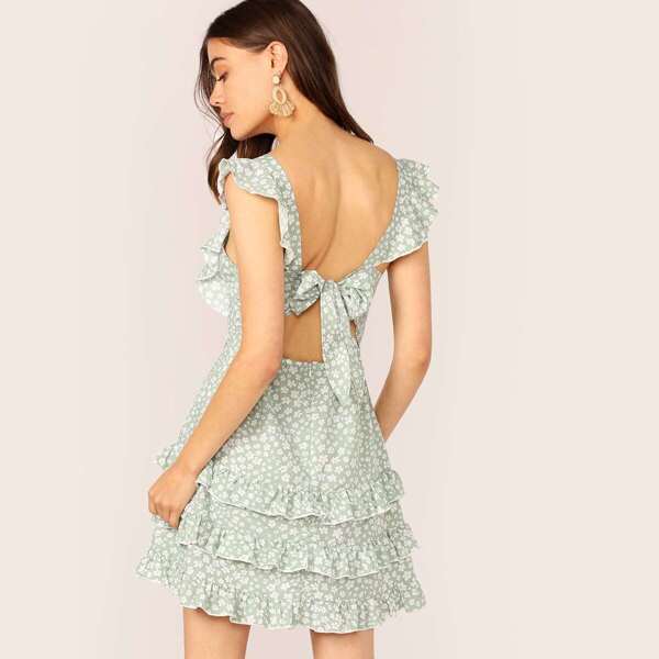 

Tie Back Ruffle Trim Ditsy Floral Layered Dress, Blue pastel