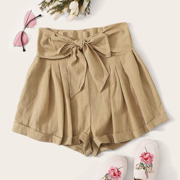 

Paperbag Waist Tie Front Cuffed Shorts