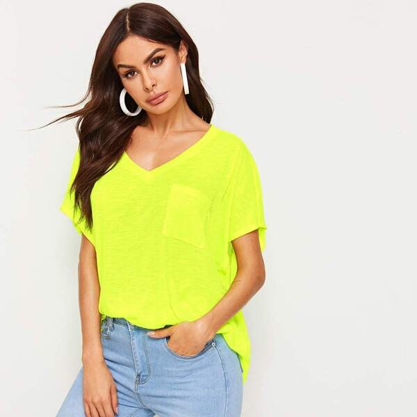 

Neon Lime V-neck Patch Pocket Tee, Green bright