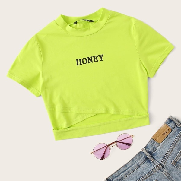 

Plus Neon Lime Letter Print Cut Out Top, Green bright
