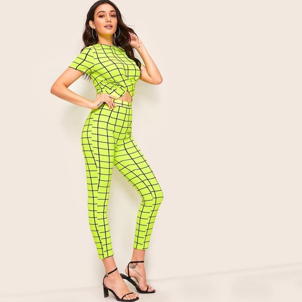 

Neon Lime Grid Crisscross Front Top & Leggings Set