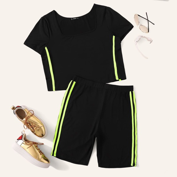 

Plus Neon Lime Side Striped Top & Cycling Shorts Set, Black