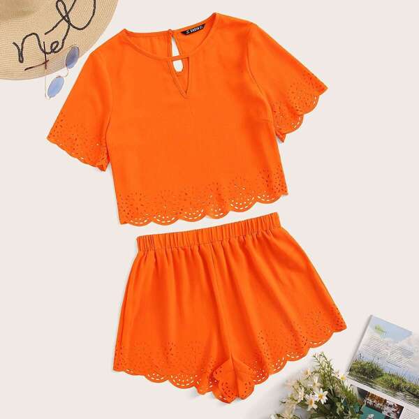 

Neon Orange Keyhole Neck Laser Cut Top and Shorts Set