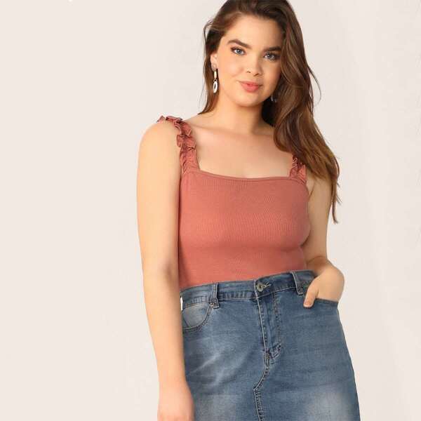 

Plus Frilled Strap Rib-knit Top, Pink pastel