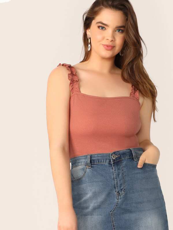 

Plus Frilled Strap Rib-knit Top, Pink, Faith Bowman