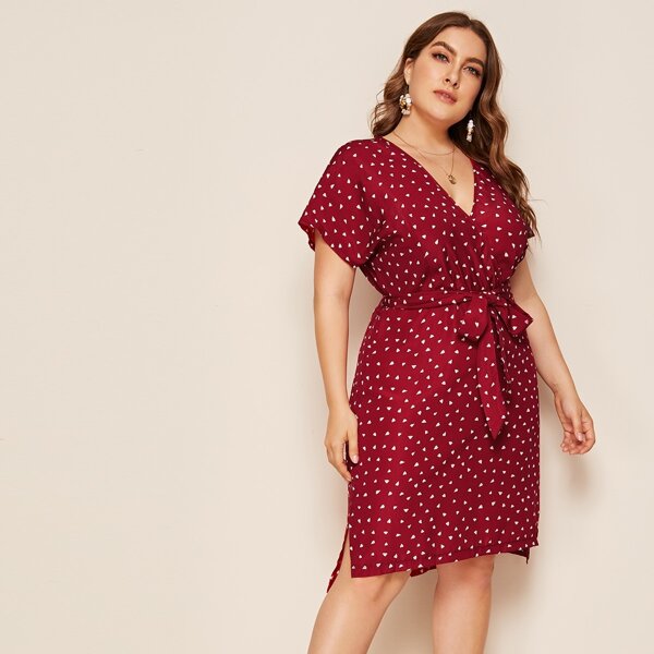 

Plus Heart Print Surplice Neck Belted Dress