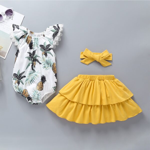 

Baby Girl Pineapple Print Romper & Layered Skirt & Headband, Multicolor