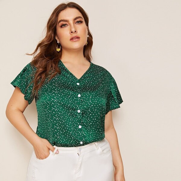 

Plus Polka Dot Button Front Blouse, Green