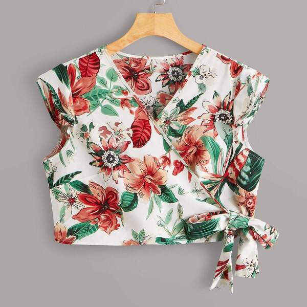

Plus Large Floral Print Wrap Knot Blouse, Multicolor