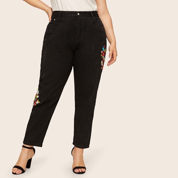

Plus Button Waist Floral Embroidered Jeans, Black