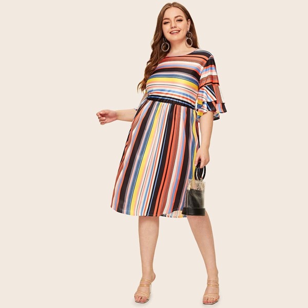 

Plus Striped Layer Flounce Sleeve Dress, Multicolor