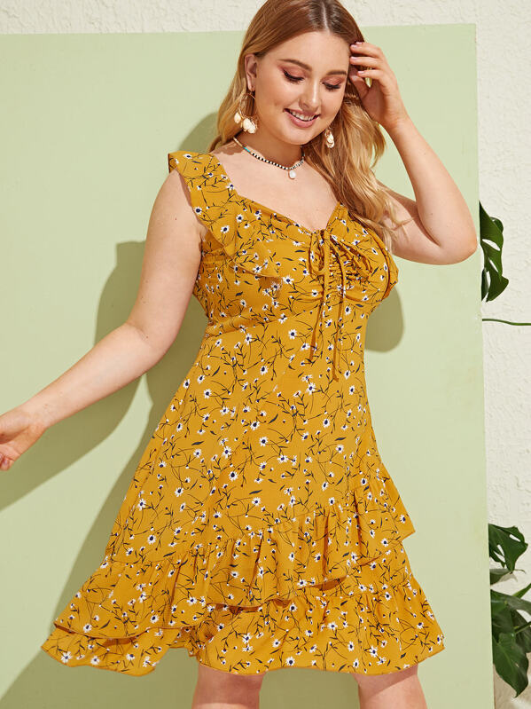 

Plus Ditsy Floral Drawstring Layer Ruffle Hem Dress, Yellow, Nora