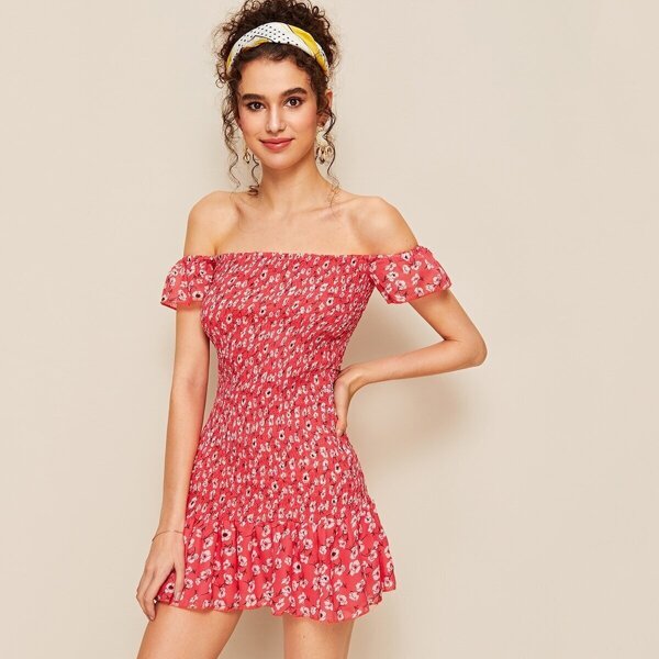 

Ditsy Floral Shirred Off Shoulder Dress