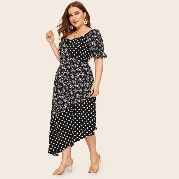 

Plus Ditsy Floral Contrast Polka Dot Asymmetrical Hem Dress