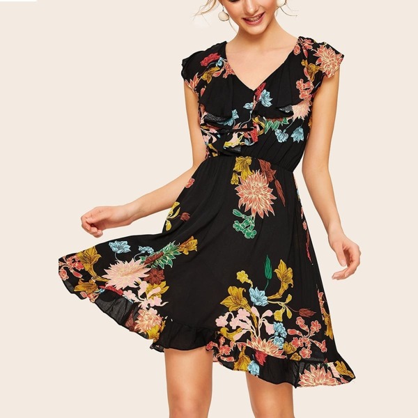 

Floral Print Ruffle Trim High Waist Dress