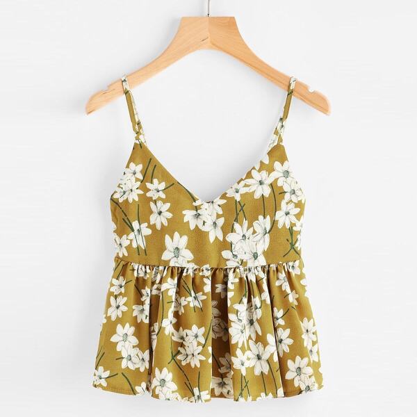 

Цветочная печать Случайный Babydoll Cami Вверх, Горчично-желтый