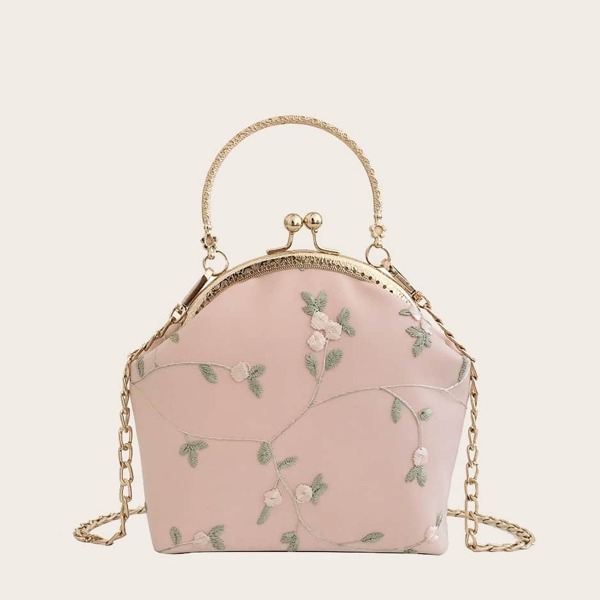 

Floral Decor Kisslock Chain Bag, Pink