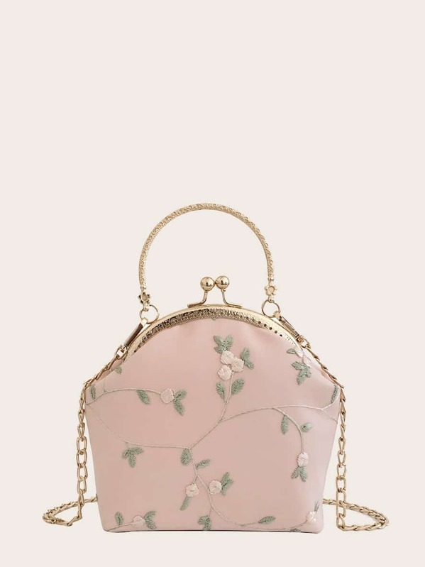

Floral Decor Kisslock Chain Bag, Pink
