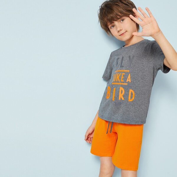 

Boys Slogan Print Top & Neon Orange Shorts Set, Multicolor bright