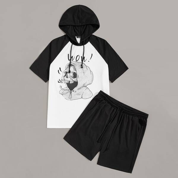 

Men Raglan Sleeve Skeleton Print Hooded Top & Shorts Set