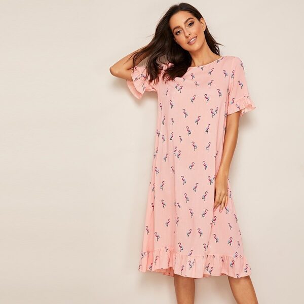 

Allover Flamingo Print Ruffle Hem Night Dress, Pink