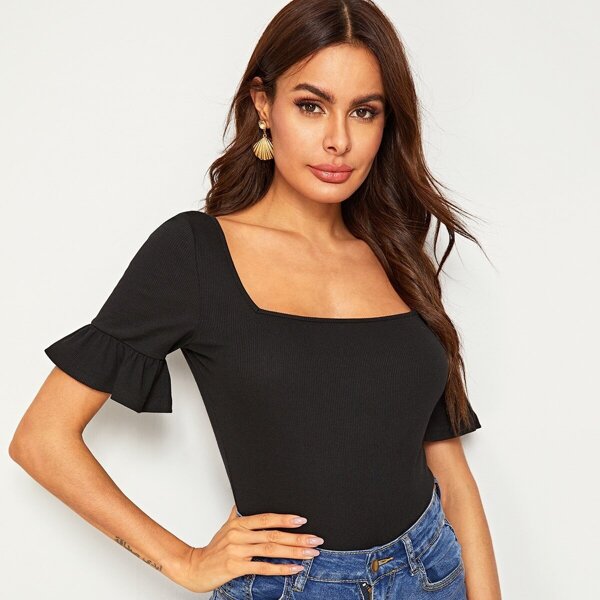 

Ruffle Cuff Rib-knit Tee