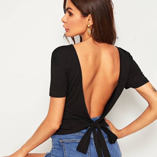 

Tied Open Back Solid Top, Black