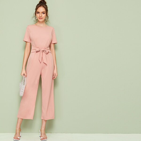 

Knot Front Solid Jumpsuit, Pink